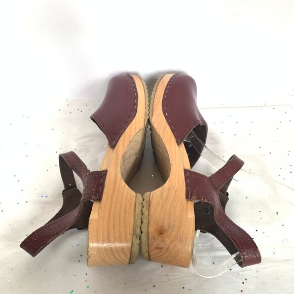 Vollsjo Wine Burgundy Leather Wood Swedish Clogs Mary Jane Ankle Strap - Size 38 - Picture 10 of 13